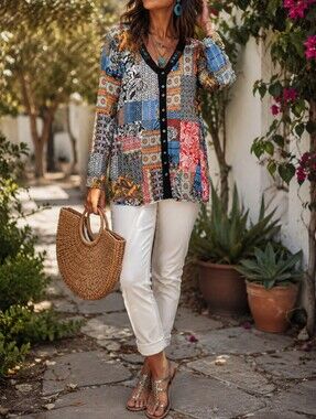 Zoe Embellished Multi-Color Patchwork Button-Down Tunic Top Boho Mesh Beaded